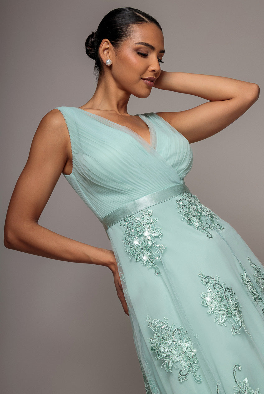 Goddiva Pleated Satin Bodice High And Low Dress - Sage Green