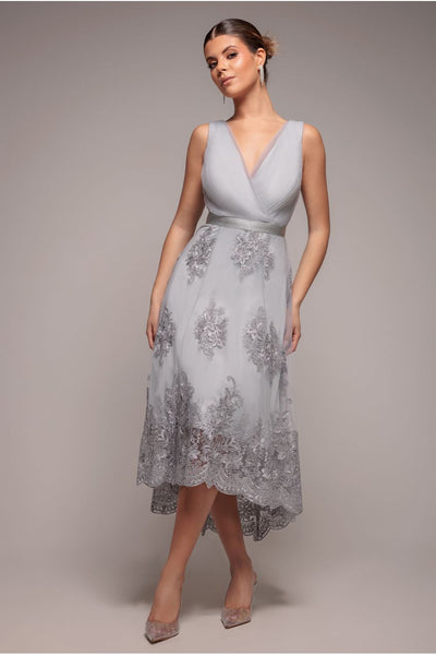 Grey - Goddiva Pleated Satin Bodice High And Low Dress - Gray