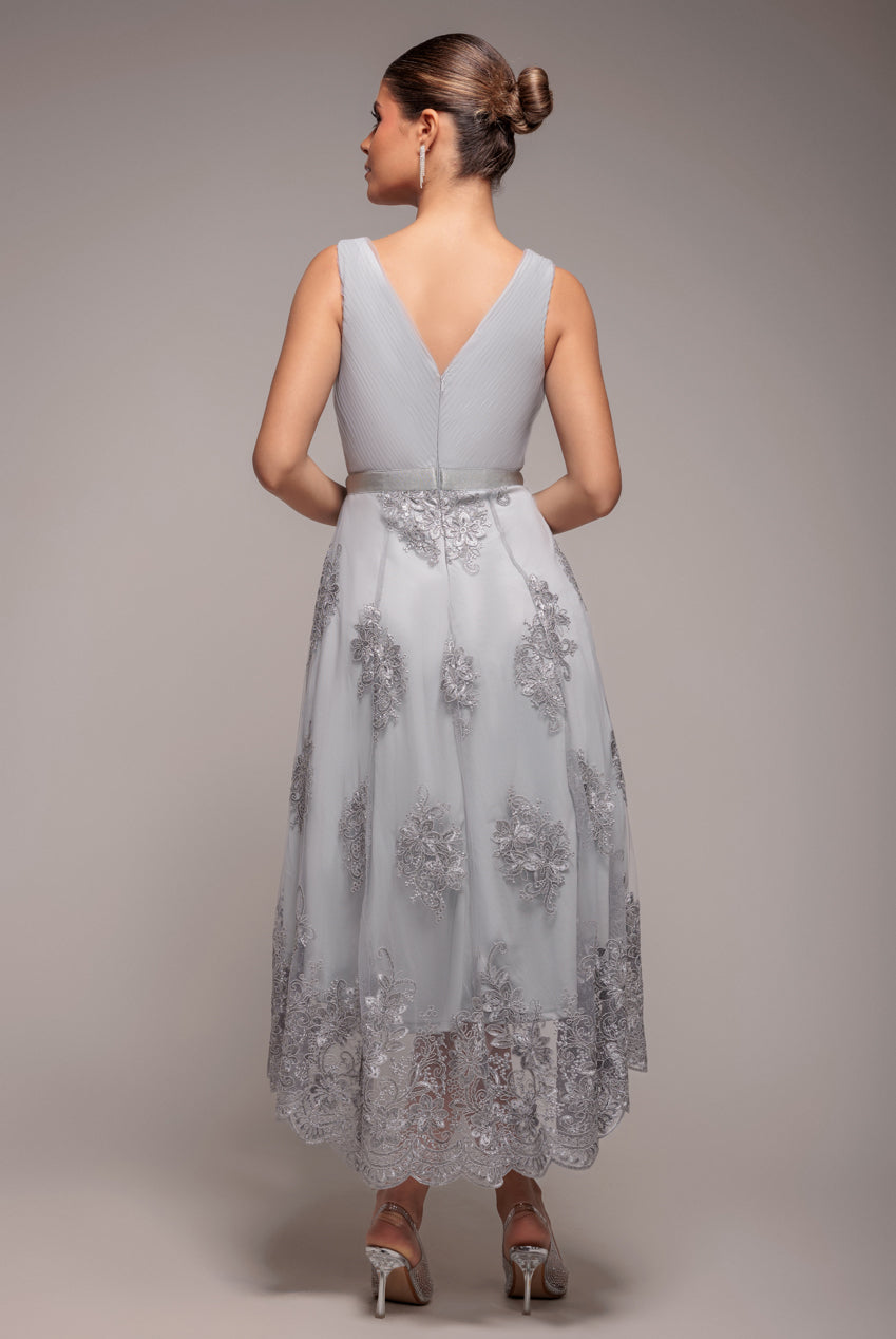 Goddiva Pleated Satin Bodice High And Low Dress - Gray