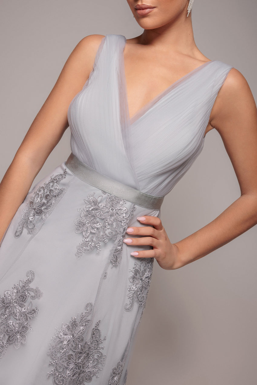 Goddiva Pleated Satin Bodice High And Low Dress - Gray