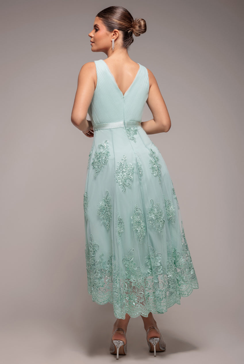 Goddiva Pleated Satin Bodice High And Low Dress - Sage Green