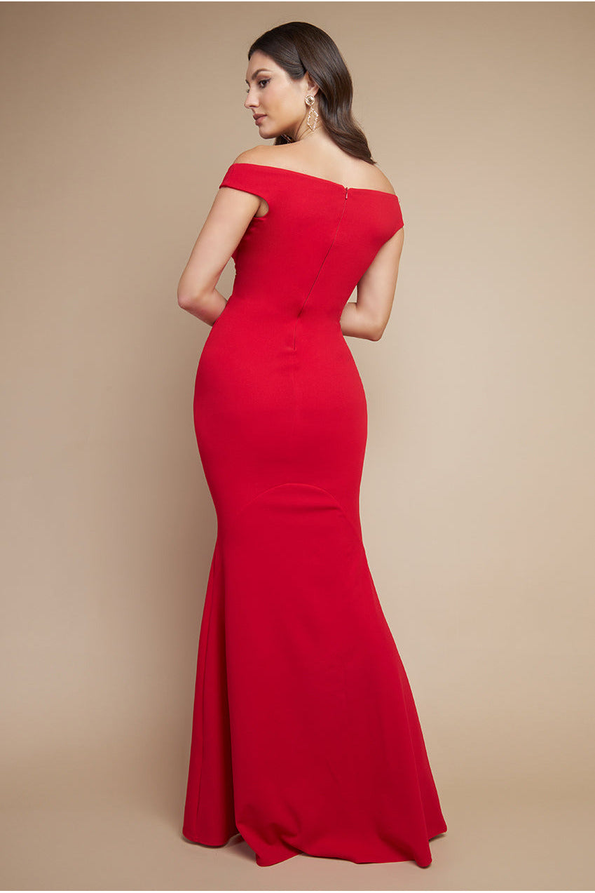 Goddiva Off The Shoulder Scuba Maxi Dress - Red