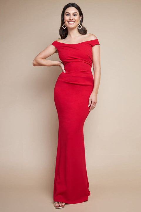 Goddiva Off The Shoulder Scuba Maxi Dress - Red