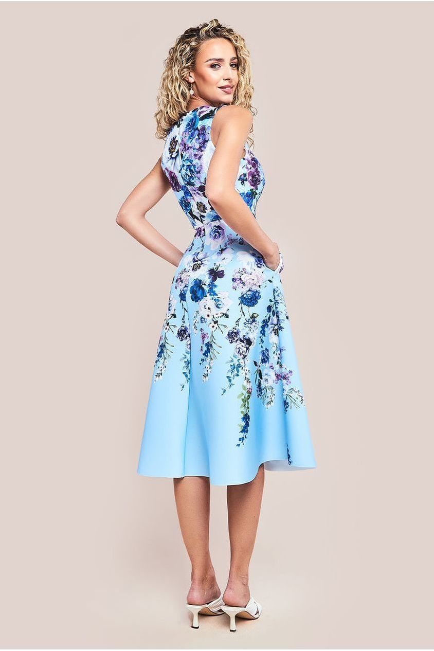 Goddiva Scuba Foam Floral Midi Dress - Blue