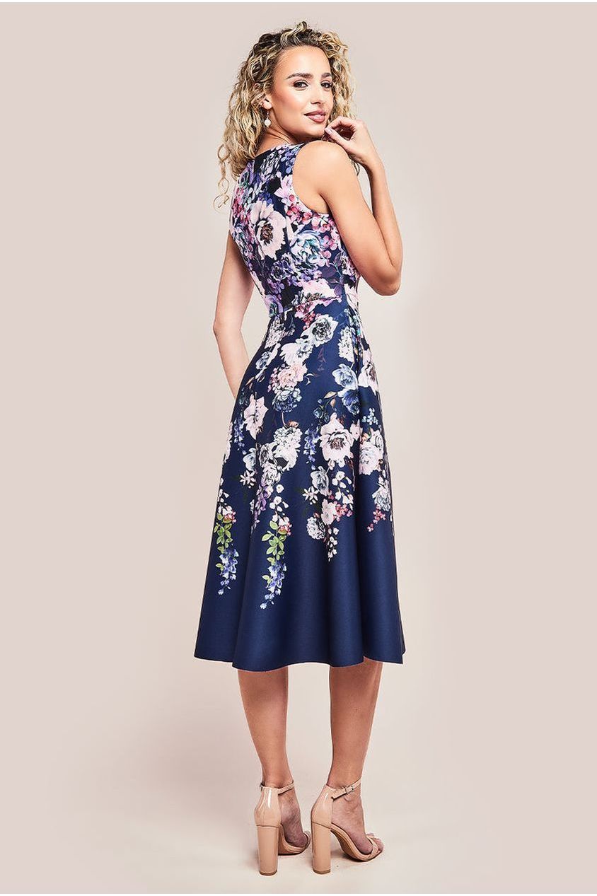 Goddiva Scuba Foam Floral Midi Dress - Navy