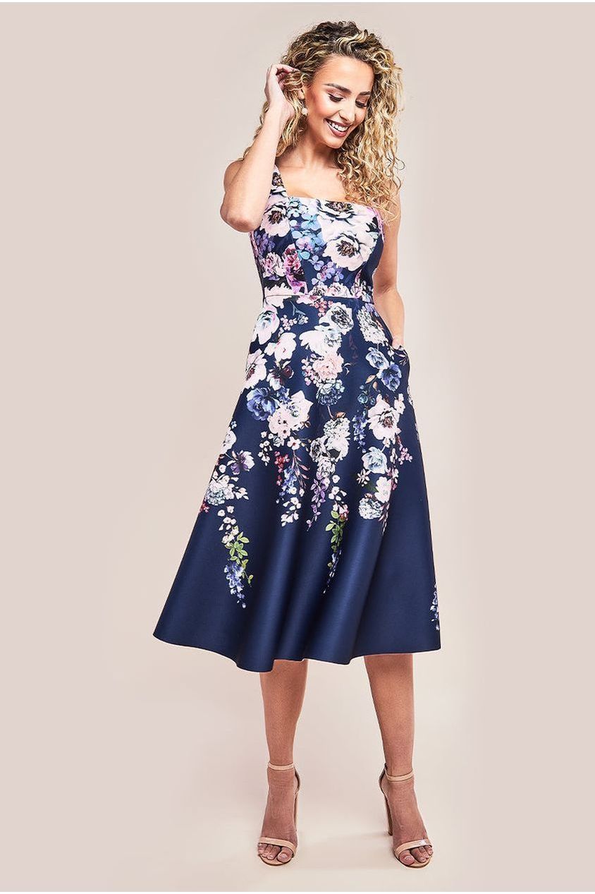 Goddiva Scuba Foam Floral Midi Dress - Navy