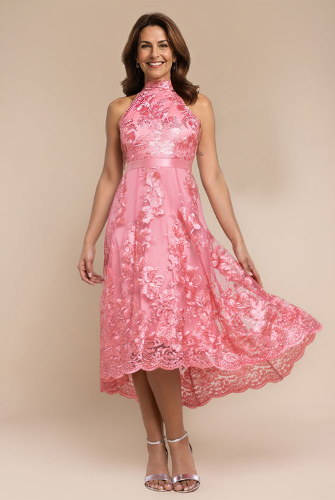 Goddiva Halter Neck Lace High And Low Dress - Coral