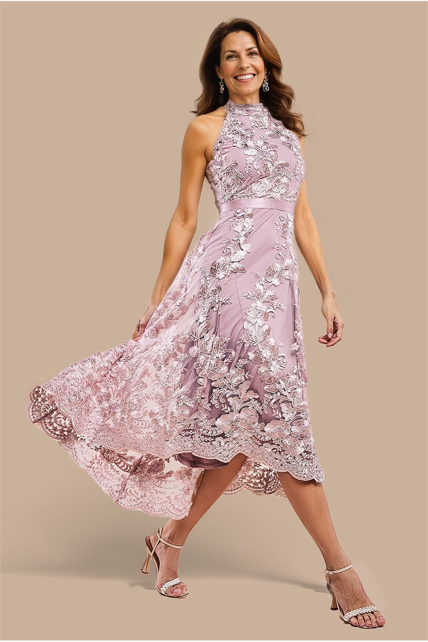 Goddiva Halter Neck Lace High And Low Dress - Blush Pink