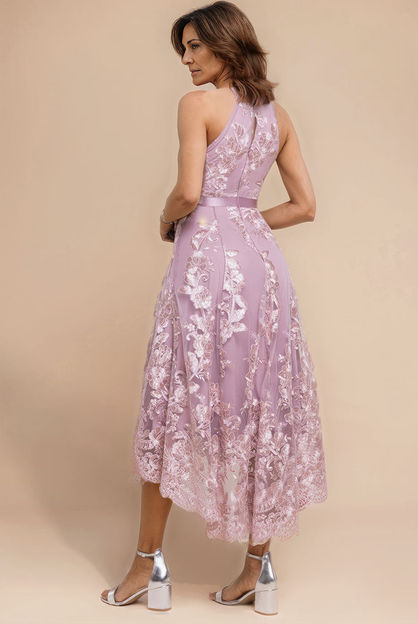 Goddiva Halter Neck Lace High And Low Dress - Blush Pink