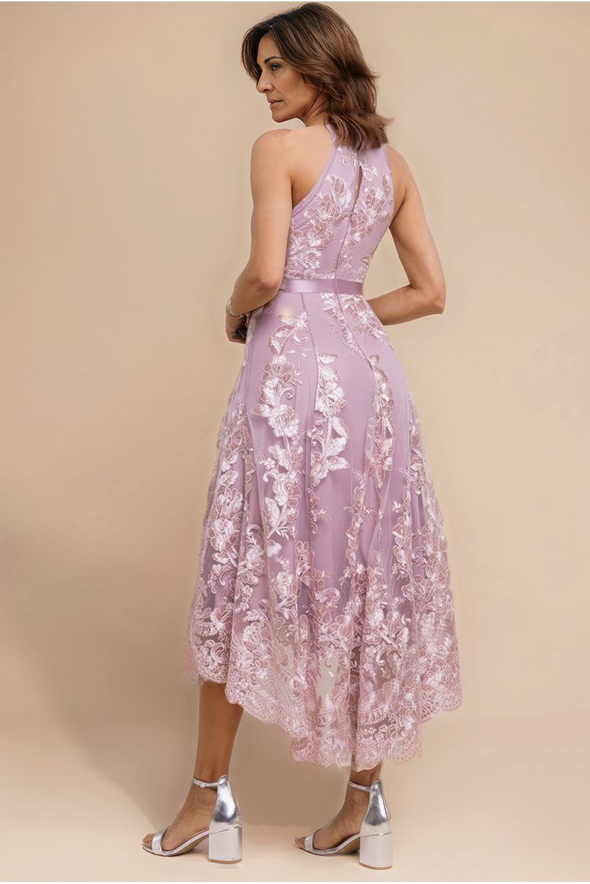Goddiva Halter Neck Lace High And Low Dress - Blush Pink