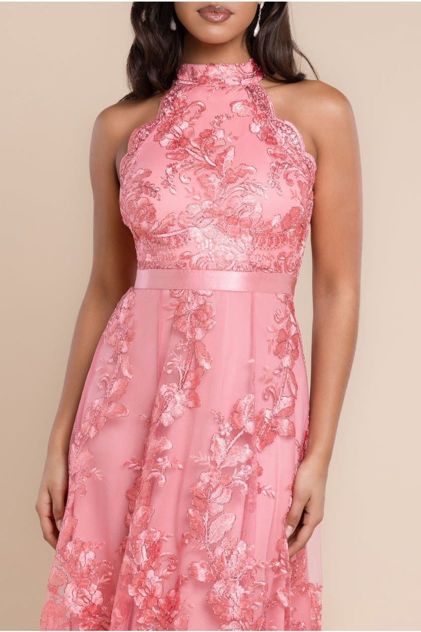 Goddiva Halter Neck Lace High And Low Dress - Coral