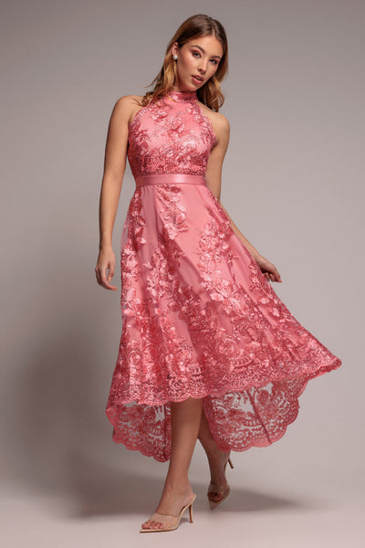 Goddiva Halter Neck Lace High And Low Dress - Coral