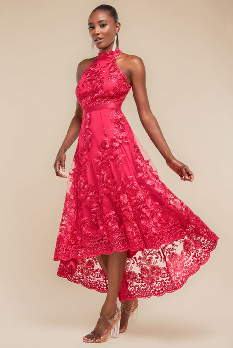 Goddiva Halter Neck Lace High And Low Dress - Magenta