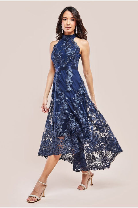 Goddiva Halter Neck Lace High And Low Dress - Navy