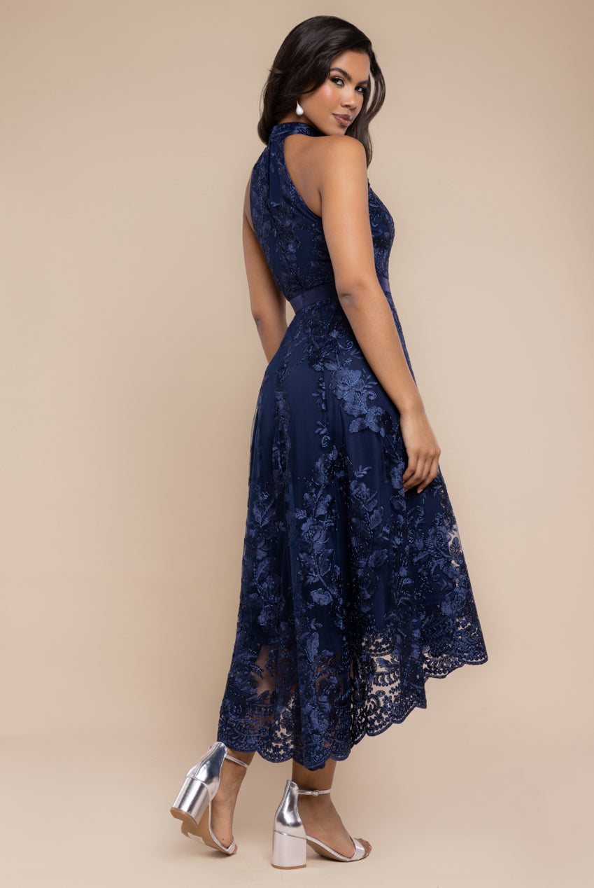 Goddiva Halter Neck Lace High And Low Dress - Navy Blue