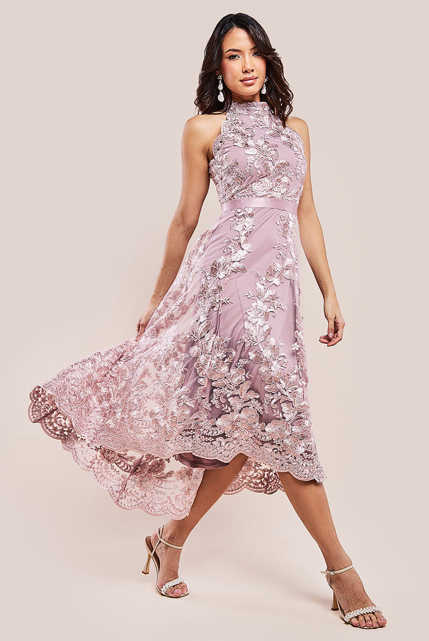 Goddiva Halter Neck Lace High And Low Dress - Pink