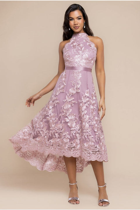 Goddiva Halter Neck Lace High And Low Dress - Pink