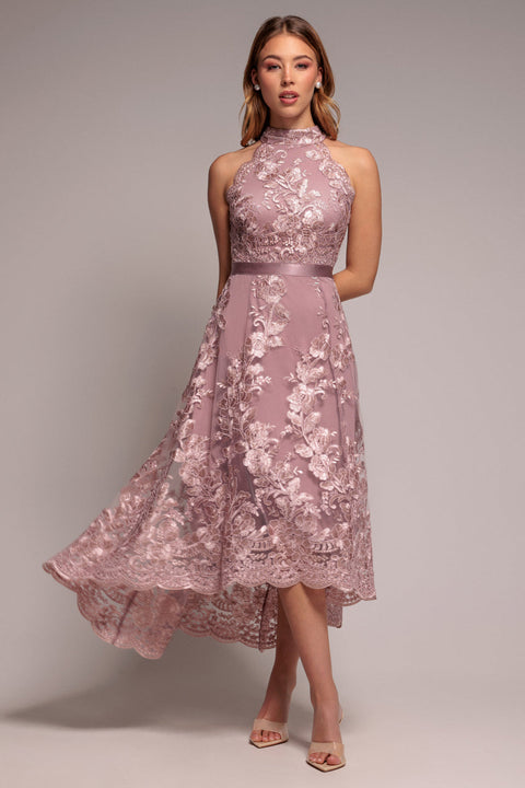 Halter Neck Lace High And Low Dress - Pink | Goddiva US Halter Neck Lace High And Low Dress - Pink | Goddiva US