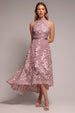 Goddiva Halter Neck Lace High And Low Dress - Pink