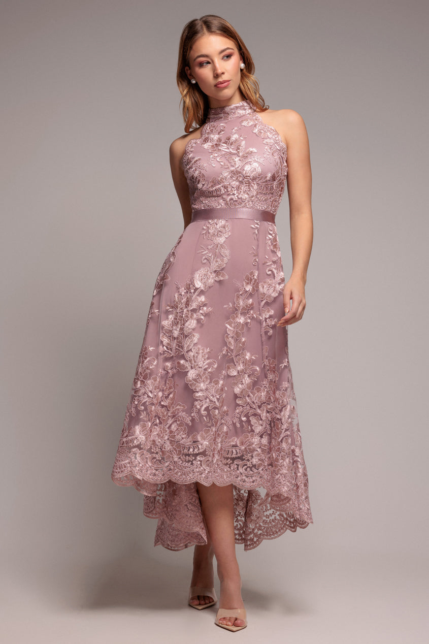 Goddiva Halter Neck Lace High And Low Dress - Pink
