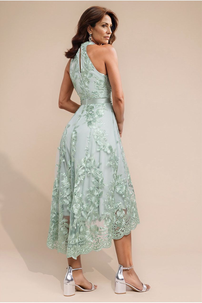 Goddiva Halter Neck Lace High And Low Dress - Sage Green
