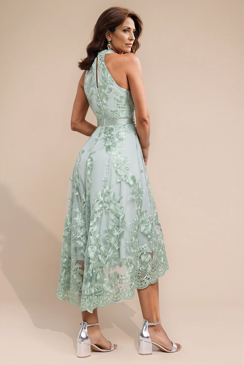 Goddiva Halter Neck Lace High And Low Dress - Sage Green