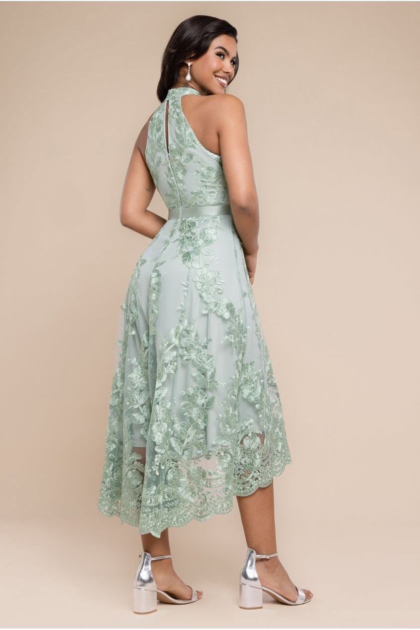 Goddiva Halter Neck Lace High And Low Dress - Sage Green