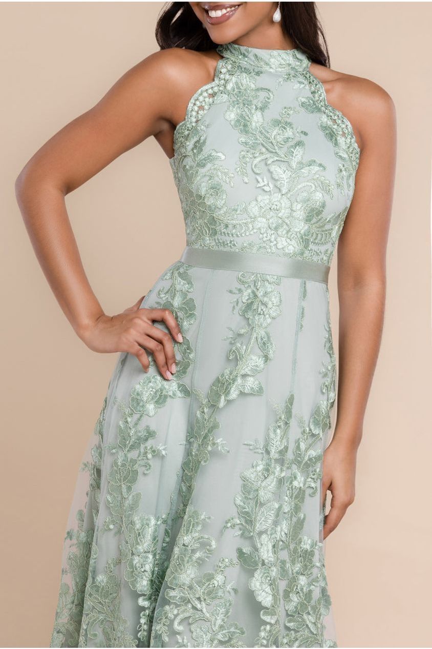 Goddiva Halter Neck Lace High And Low Dress - Sage Green