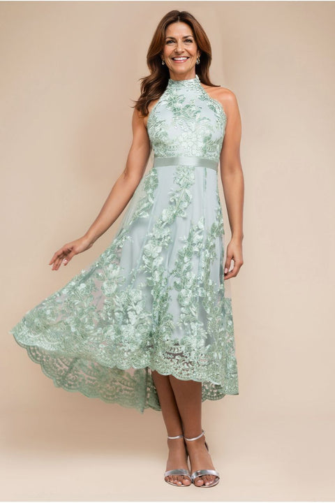 Goddiva Halter Neck Lace High And Low Dress - Sage Green