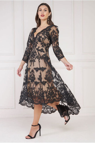 Black - Goddiva Scalloped Lace Dipped Hem Midi Dress - Black