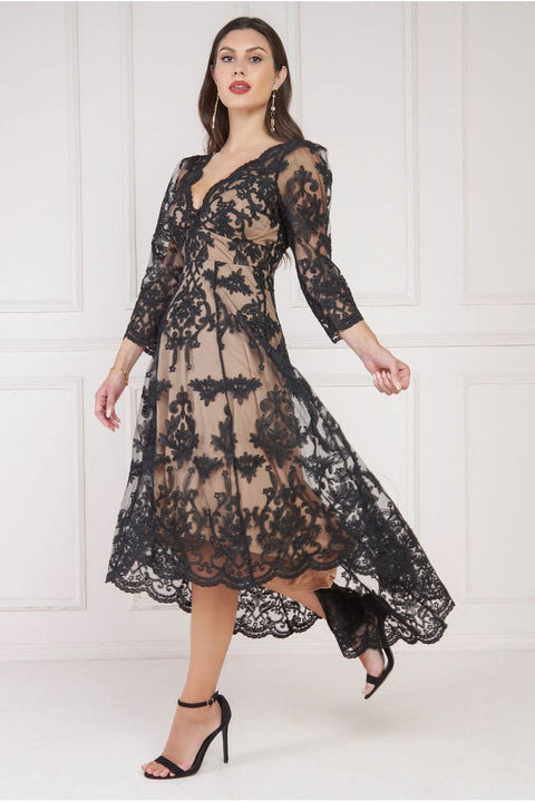 Goddiva Scalloped Lace Dipped Hem Midi Dress - Black