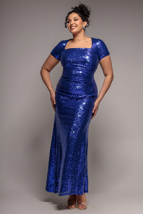Goddiva Plus Sequin Portrait Neckline Maxi Dress - Royal Blue