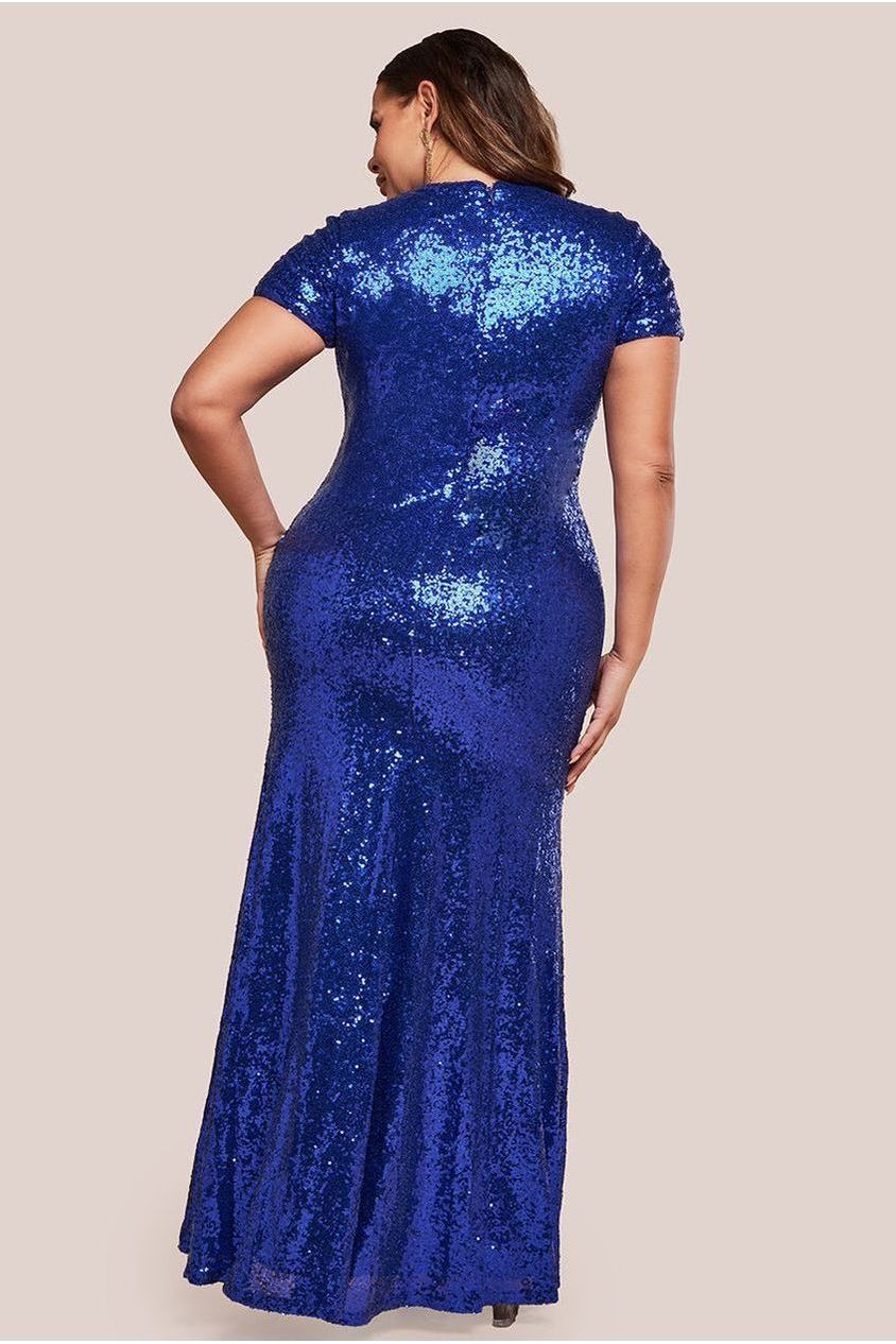 Goddiva Plus Sequin Portrait Neckline Maxi Dress - Royal Blue