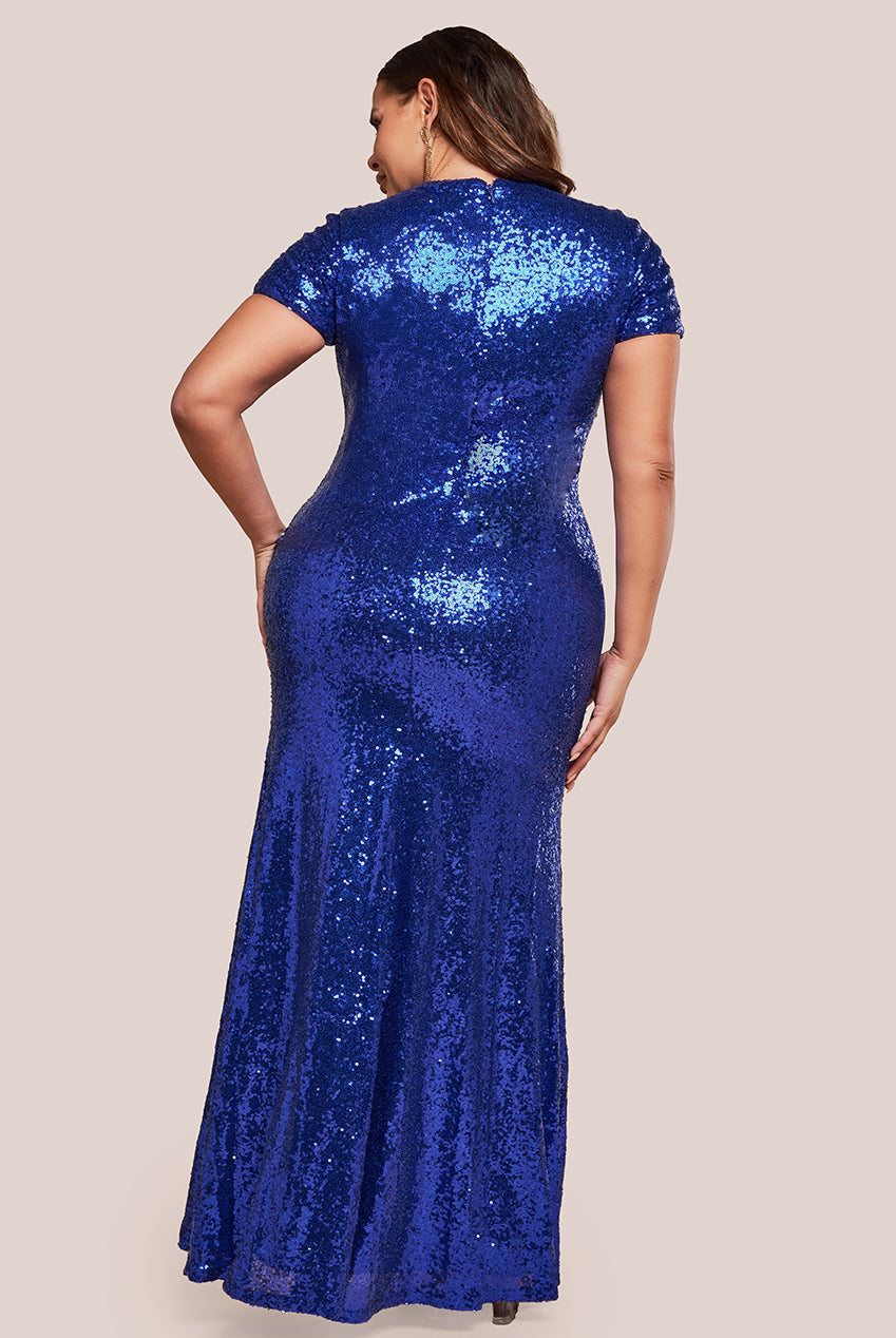 Goddiva Plus Sequin Portrait Neckline Maxi Dress - Royal Blue