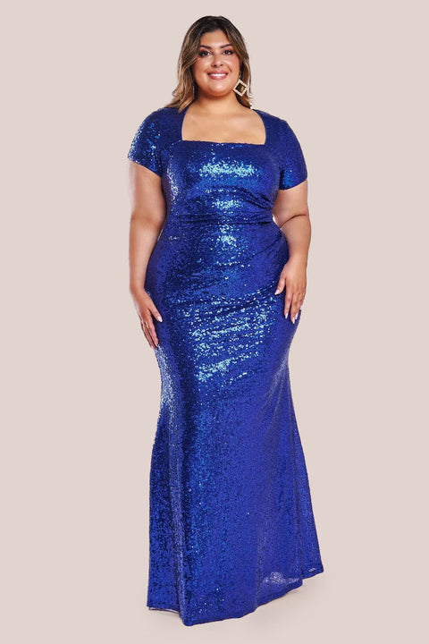 Goddiva Plus Sequin Portrait Neckline Maxi Dress - Royal Blue