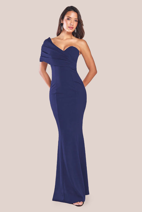 Goddiva One Shoulder Fan Maxi Dress - Navy