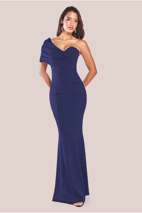 Goddiva One Shoulder Fan Maxi Dress - Navy