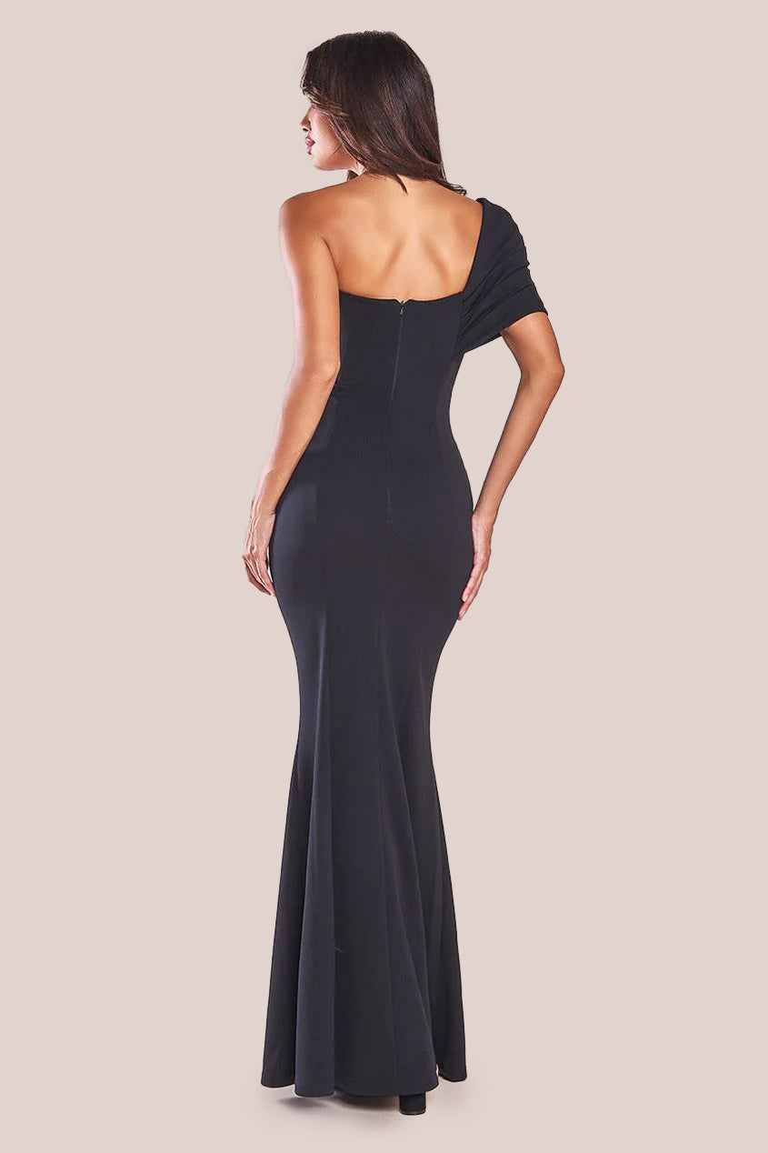 Goddiva One Shoulder Fan Maxi Dress - Black