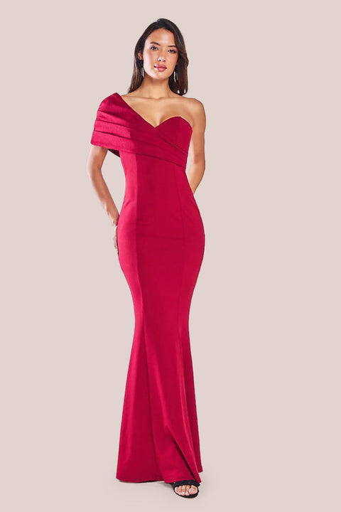 Goddiva One Shoulder Fan Maxi Dress - Wine