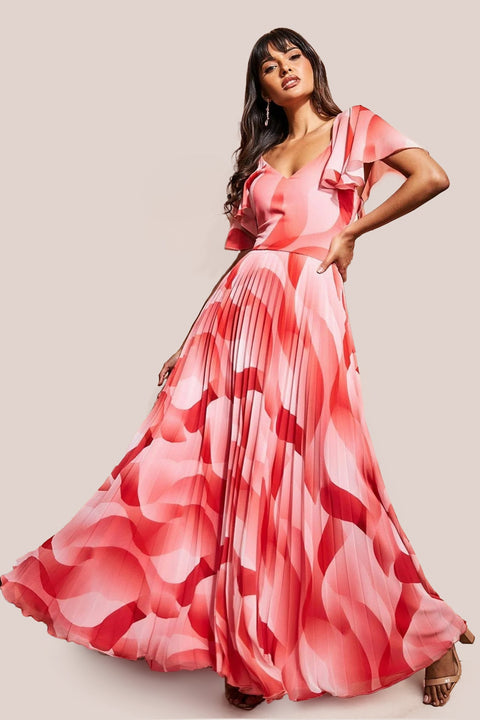 Goddiva Printed Chiffon Pleated Maxi Dress - Coral