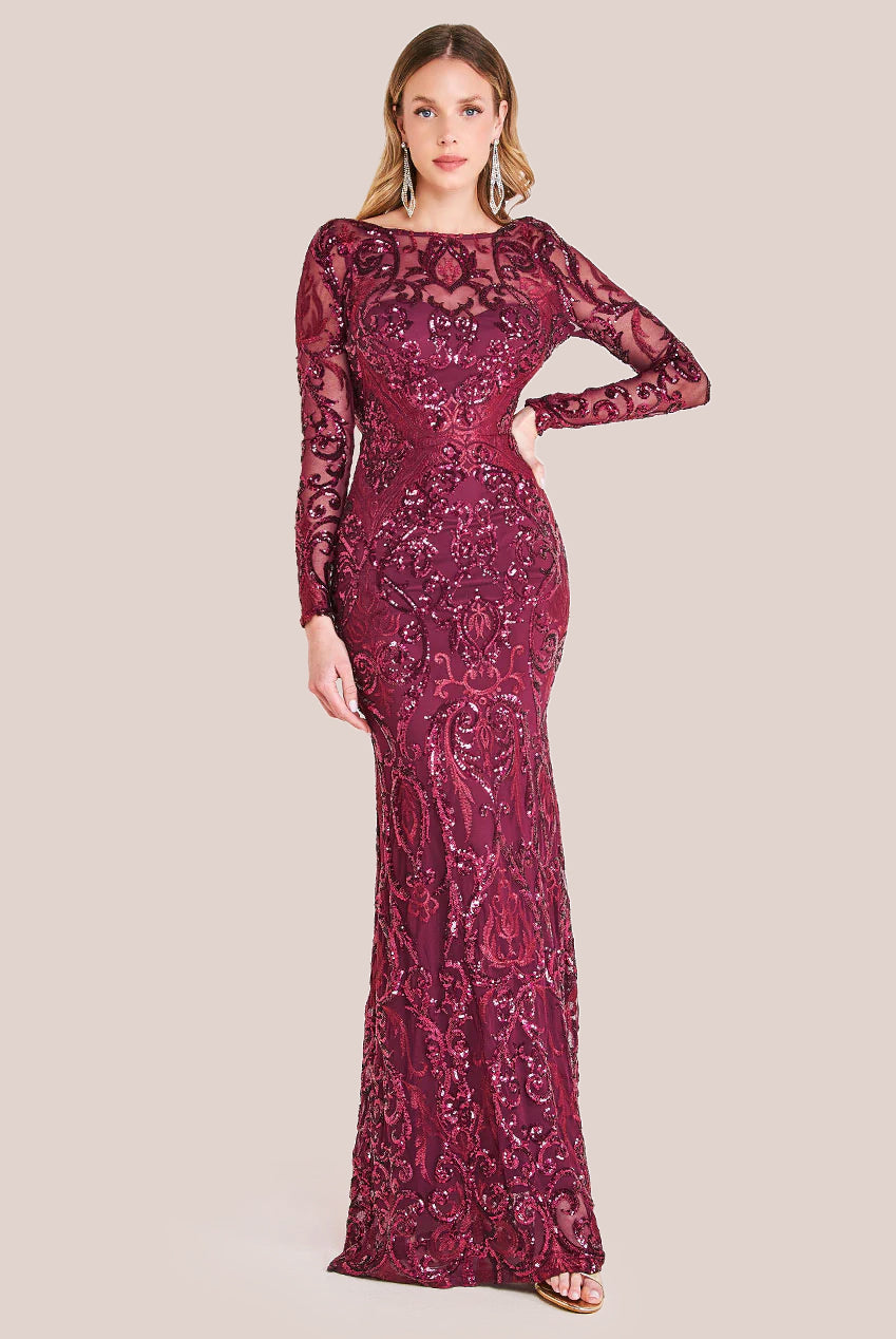 Goddiva Sequin Cowl Back Maxi -  Burgundy