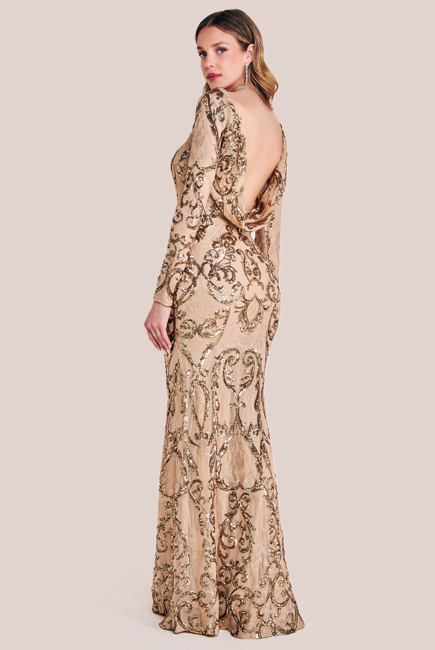 Goddiva Sequin Cowl Back Maxi -  Champagne