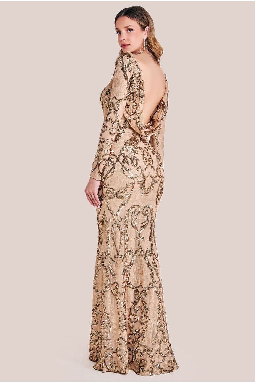 Goddiva Sequin Cowl Back Maxi -  Champagne