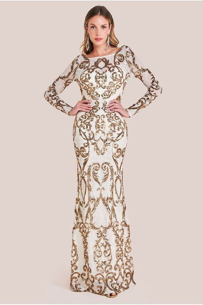 Cream - Goddiva Sequin Cowl Back Maxi -  Cream