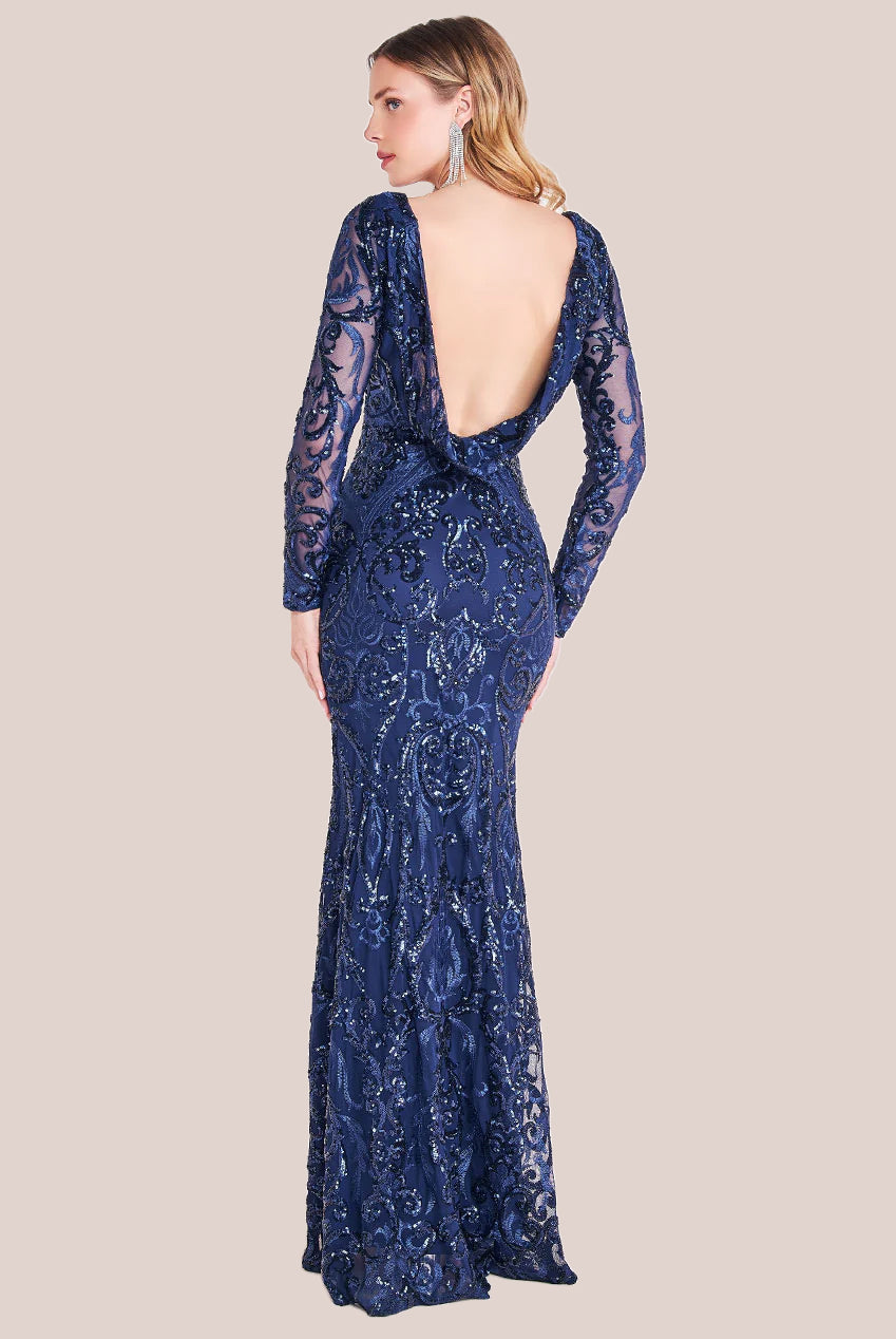 Goddiva Sequin Cowl Back Maxi -  Navy