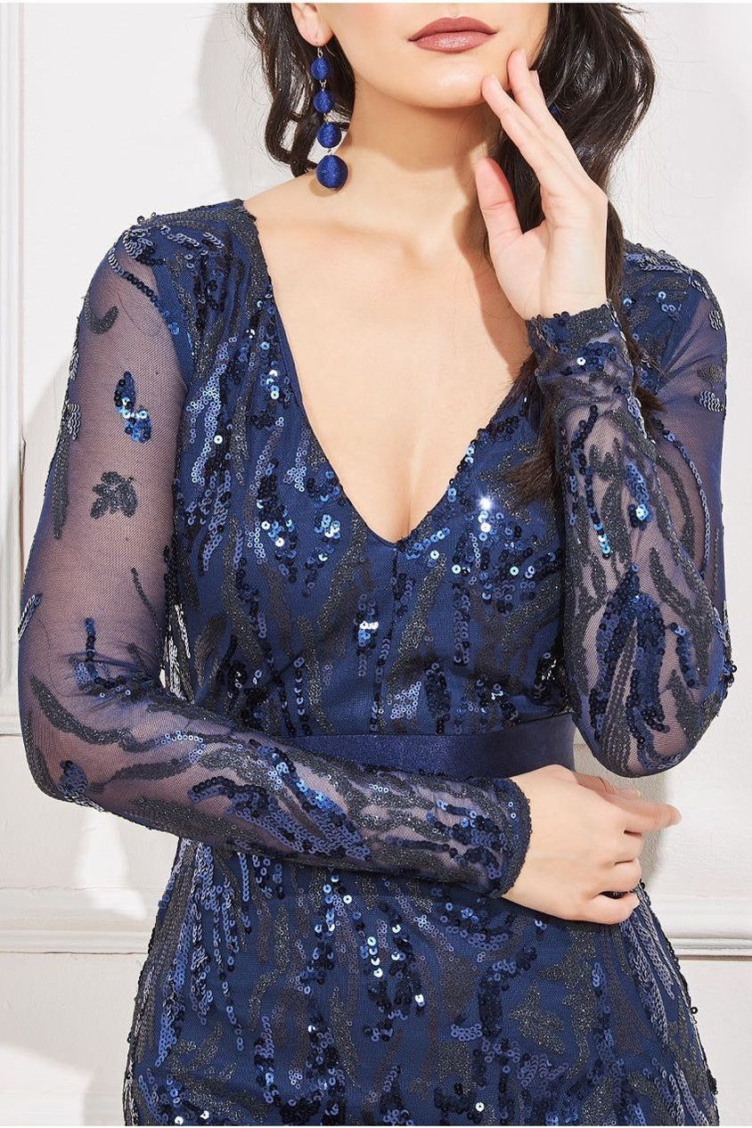 Goddiva Long Sleeve V-neck Sequin Maxi - Navy