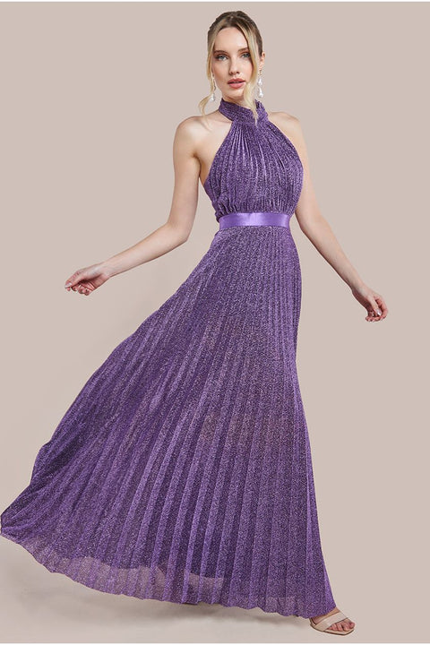 Goddiva Lurex Halterneck Pleated Maxi Dress - Purple