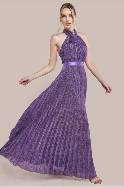 Purple - Goddiva Lurex Halterneck Pleated Maxi Dress - Purple
