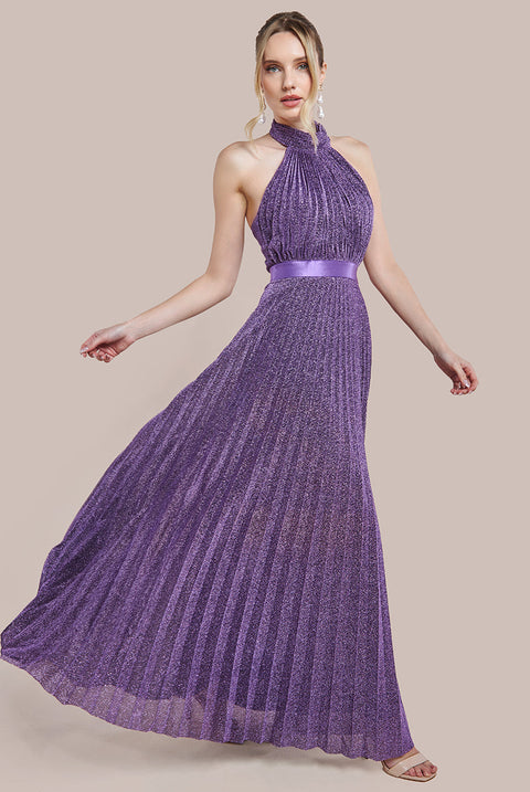 Goddiva Lurex Halterneck Pleated Maxi Dress - Purple