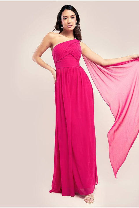 Goddiva One Shoulder Pleated Chiffon Scarf Maxi - Magenta